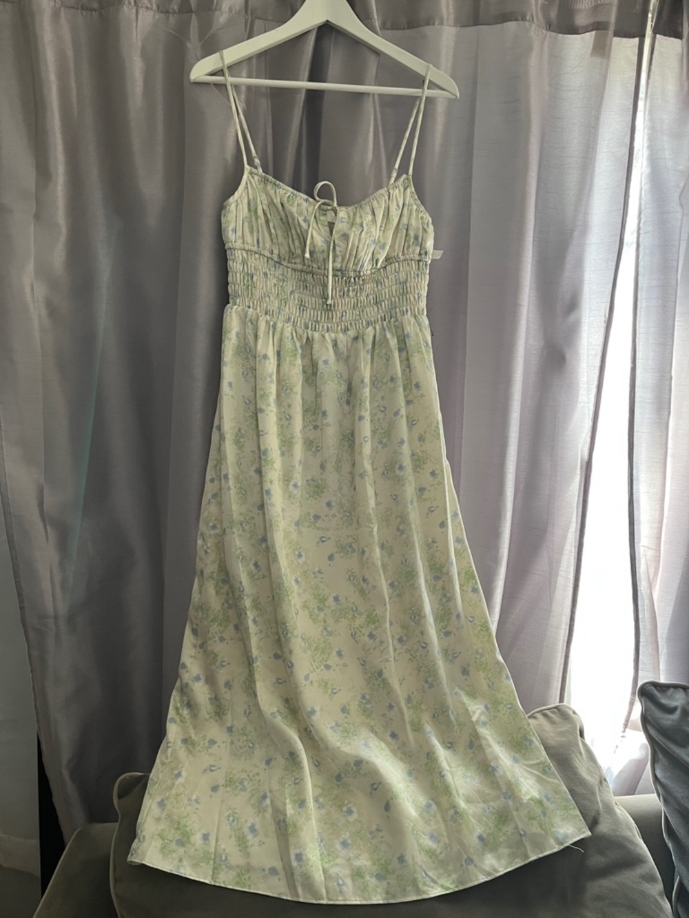Astr Pastel Watercolor Floral Smocked Midi Dress in White, Blue, and Green